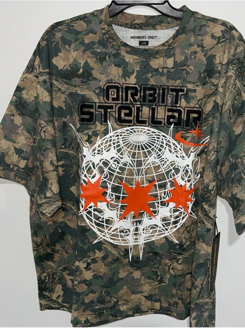 Members Only Green Camo Tee with White Globe and Orange Stars